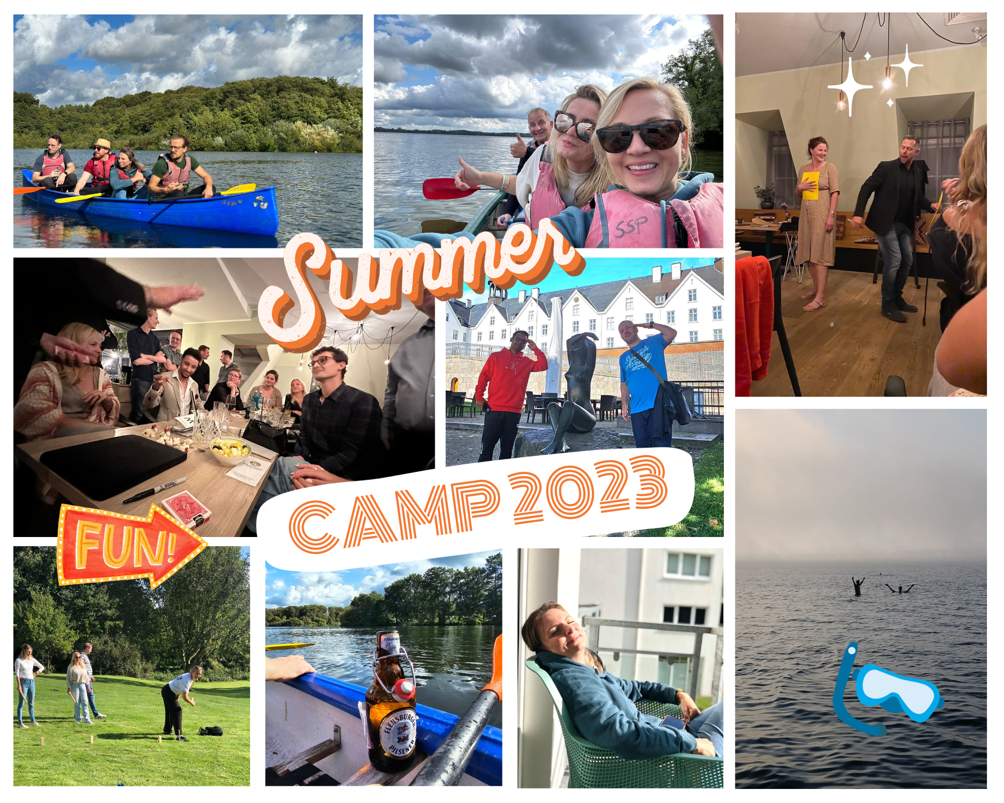 The image is a vibrant collage showcasing various moments from a Summer Camp 2023 event. It features activities like kayaking, social gatherings both indoors and outdoors, communal dining, music, golfing, and relaxation by the water.