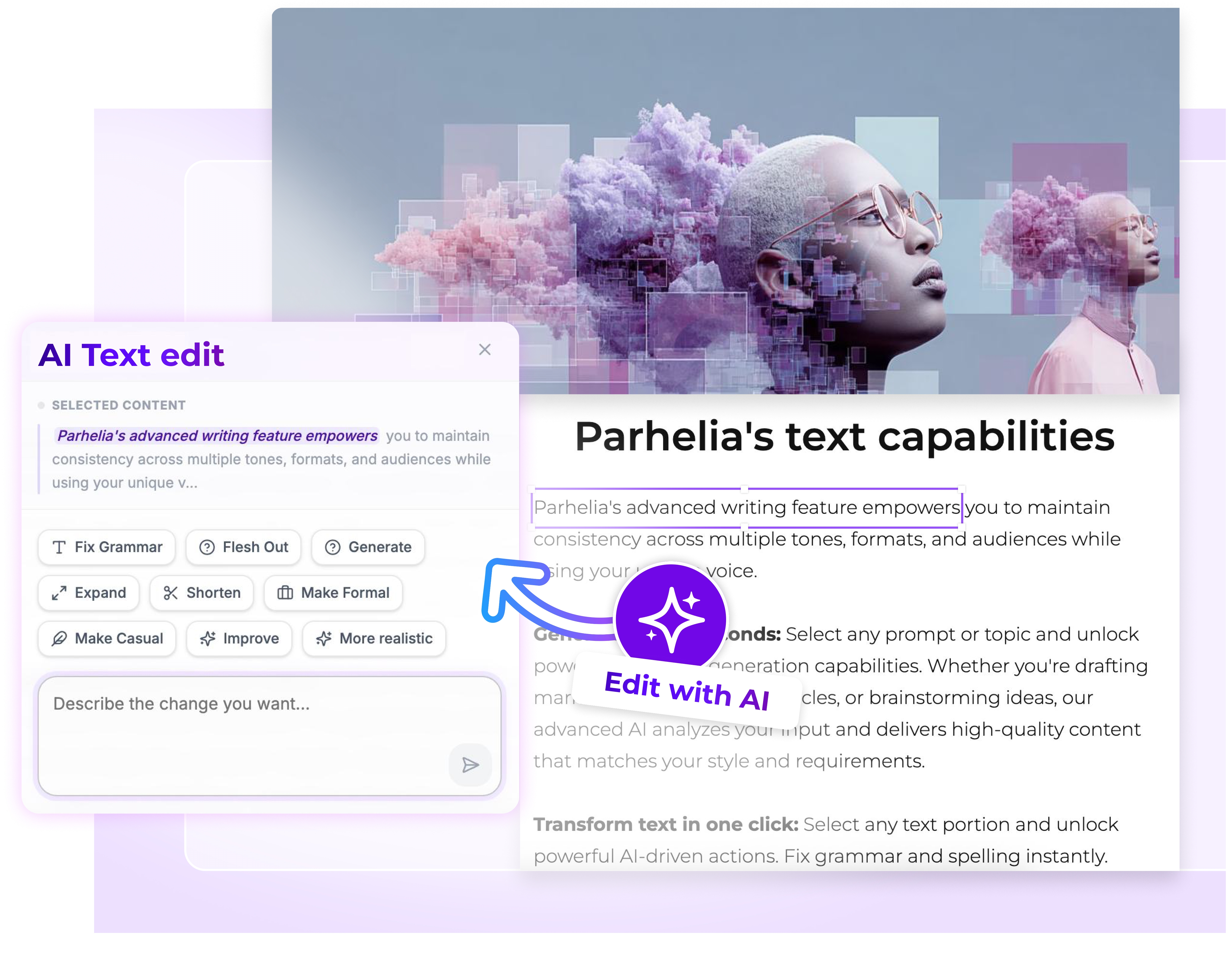 Content editing capabilities collage showcasing AI-powered text generation, smart formatting, multilingual support, and real-time collaboration features