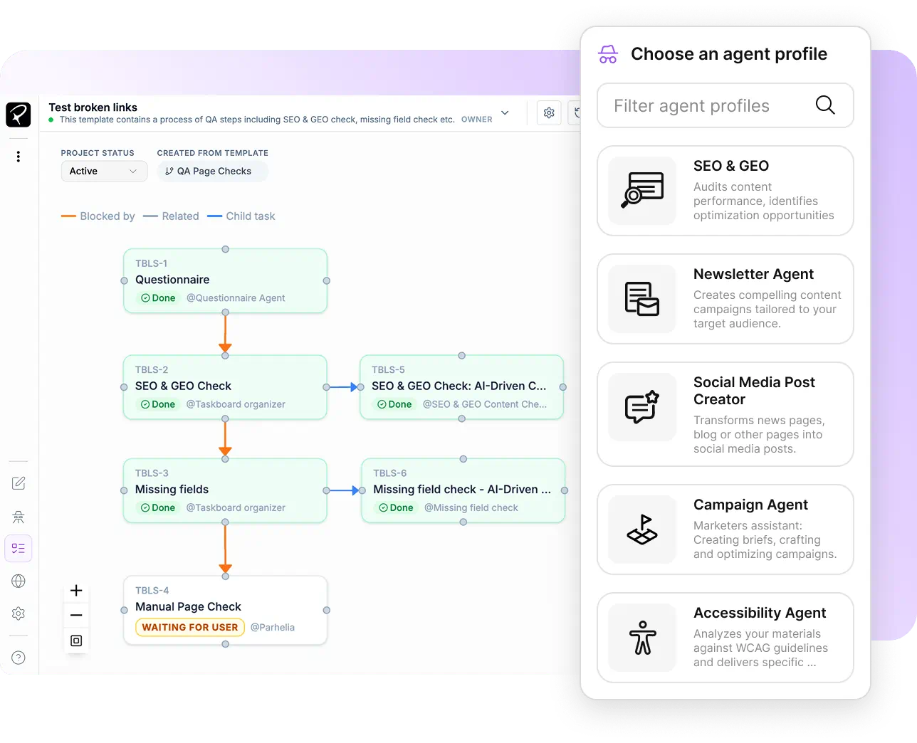 Parhelia agentic workspace displaying AI-powered content creation, autonomous agent configuration, task automation, and intelligent workflow management
