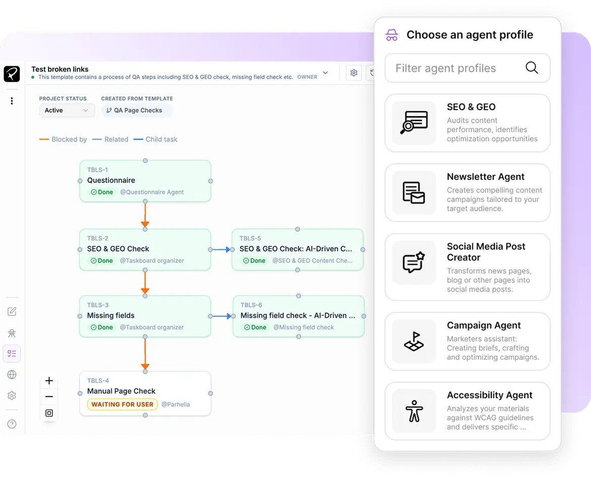 Parhelia agentic workspace displaying AI-powered content creation, autonomous agent configuration, task automation, and intelligent workflow management