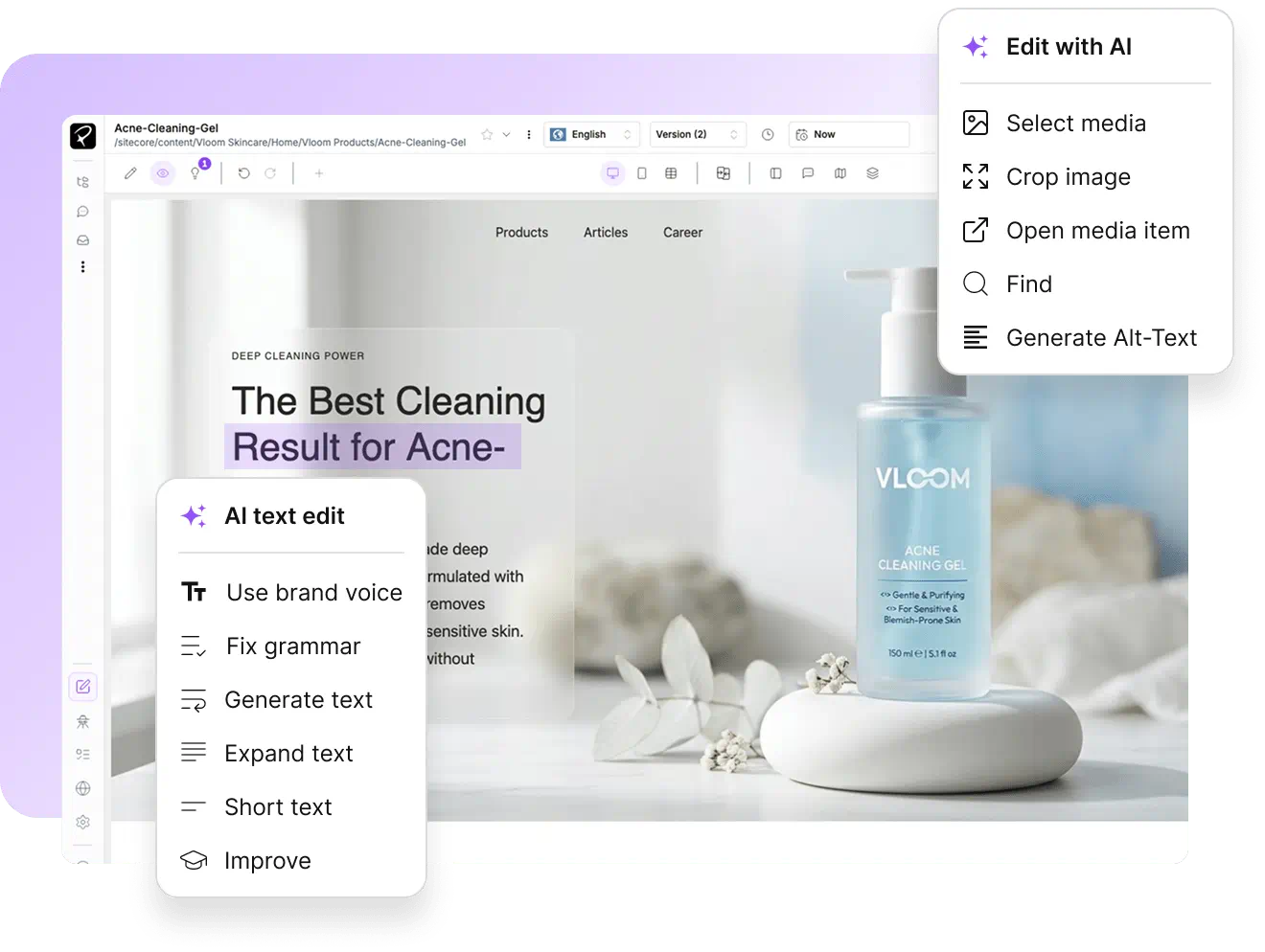 Parhelia visual editor interface with WYSIWYG page builder, real-time preview, drag-and-drop components, and intuitive content management toolbar