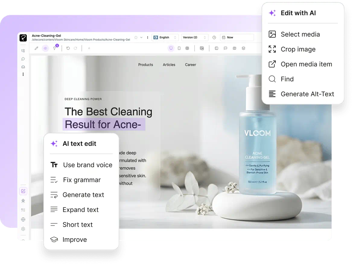 Parhelia visual editor interface with WYSIWYG page builder, real-time preview, drag-and-drop components, and intuitive content management toolbar