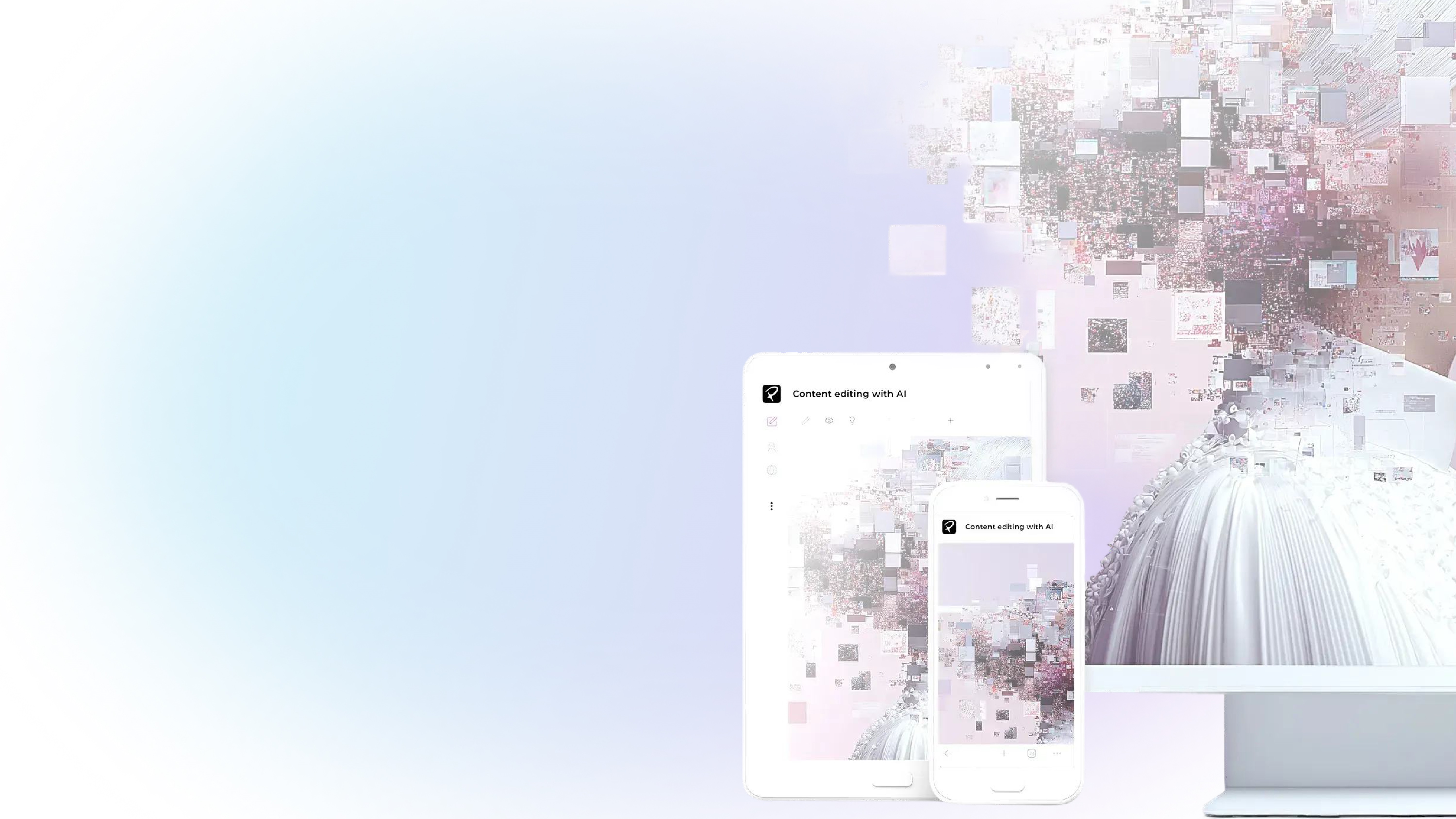 Responsive design testing interface showing real-time preview across mobile, tablet, and desktop devices with fullscreen editing mode